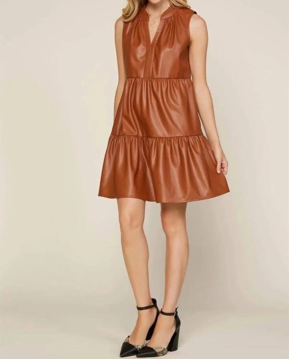Skies Are Blue Sleeveless Vegan Leather Tiered V-neck Dress